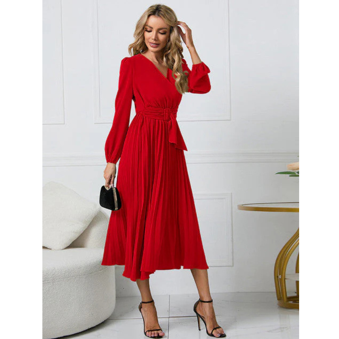 Robe Midi à Ceinture Plissée et Décolleté en V pour Femmes