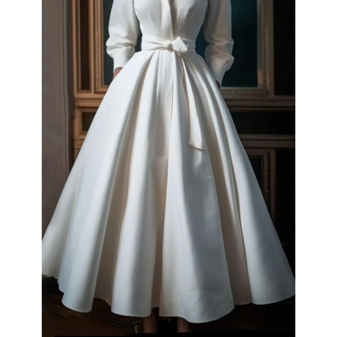 Long-sleeve long dress with waist belt | Midi