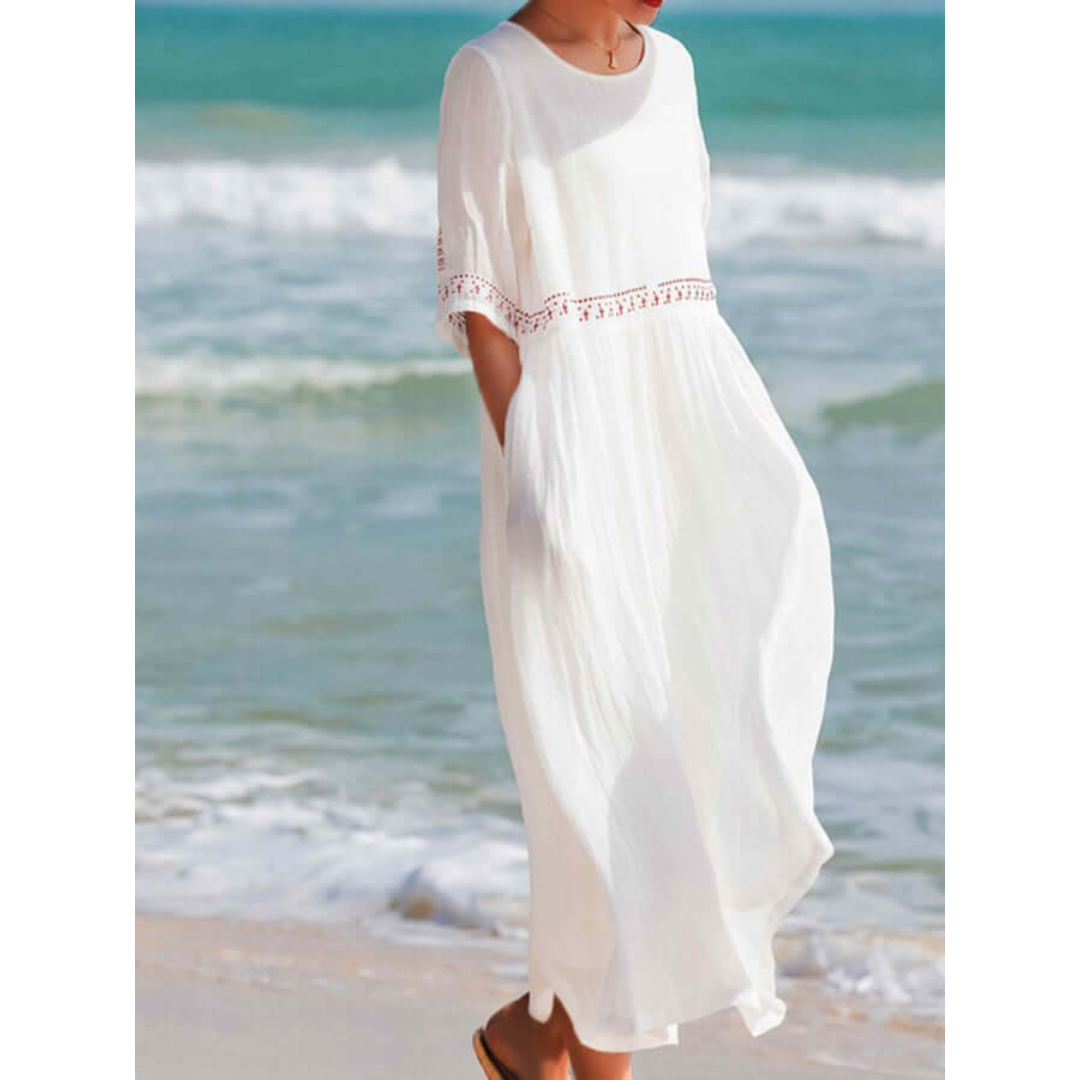 Women's Embroidered Maxi Dress with Round Neck