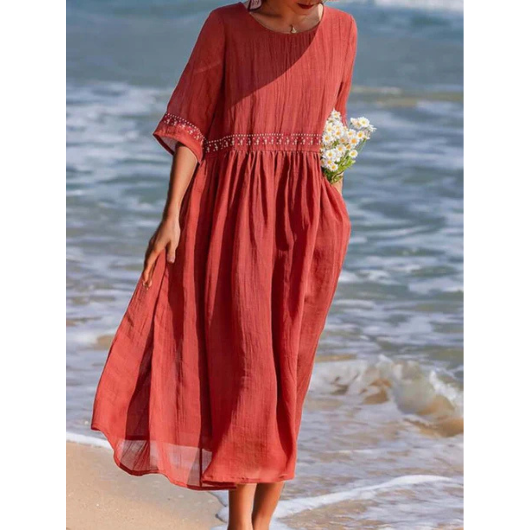 Women's Embroidered Maxi Dress with Round Neck