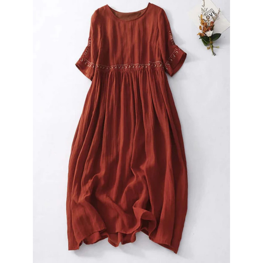 Women's Embroidered Maxi Dress with Round Neck