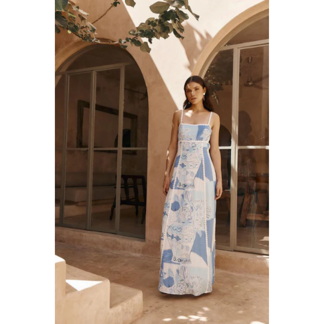 Patchwork Dress with Square Neckline for Women | Maxi