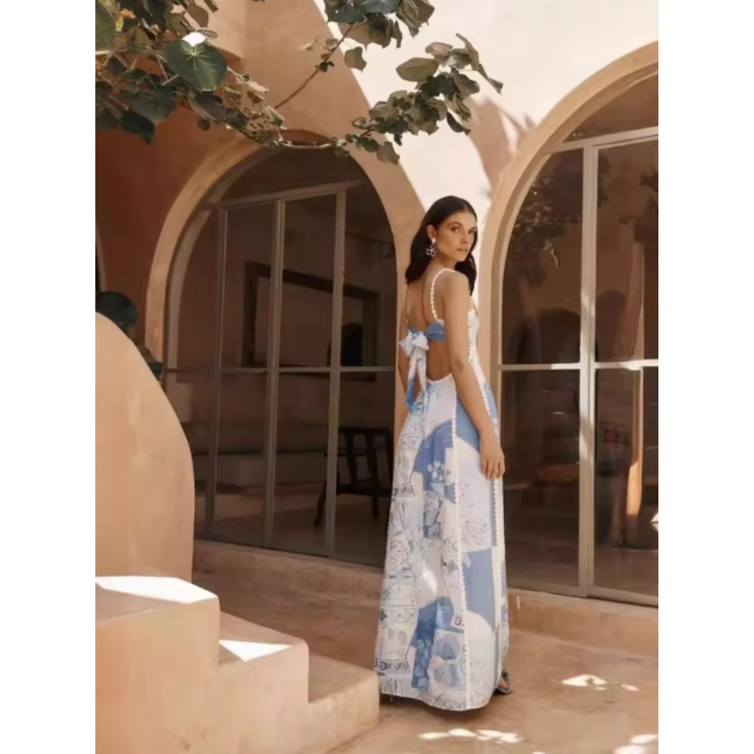 Patchwork Dress with Square Neckline for Women | Maxi