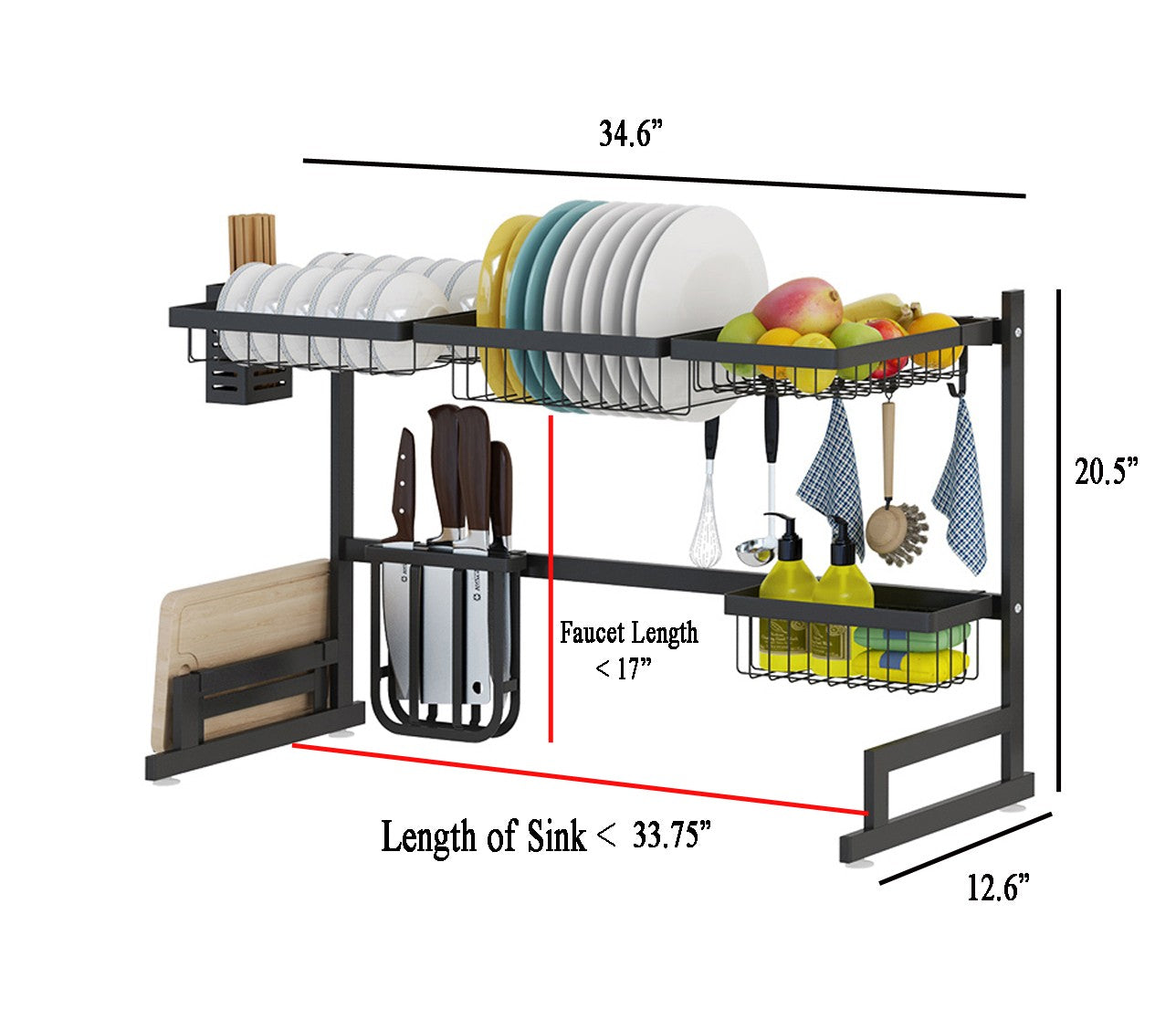 Égouttoir à vaisselle en acier inoxydable noir de 34,6" au-dessus de l'évier de cuisine, étagère de drainage pour assiettes et ustensiles