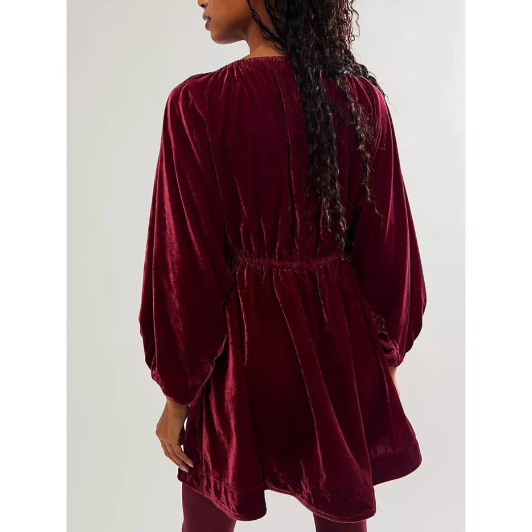 Women's winter dress with V-neck and puff sleeves | Mini
