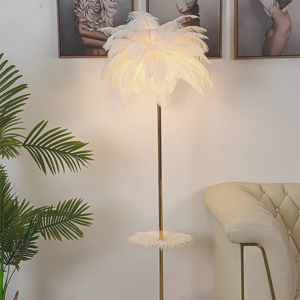 Lampe sur pied en plumes d'autruche avec plateau, scandinave, 3 couleurs