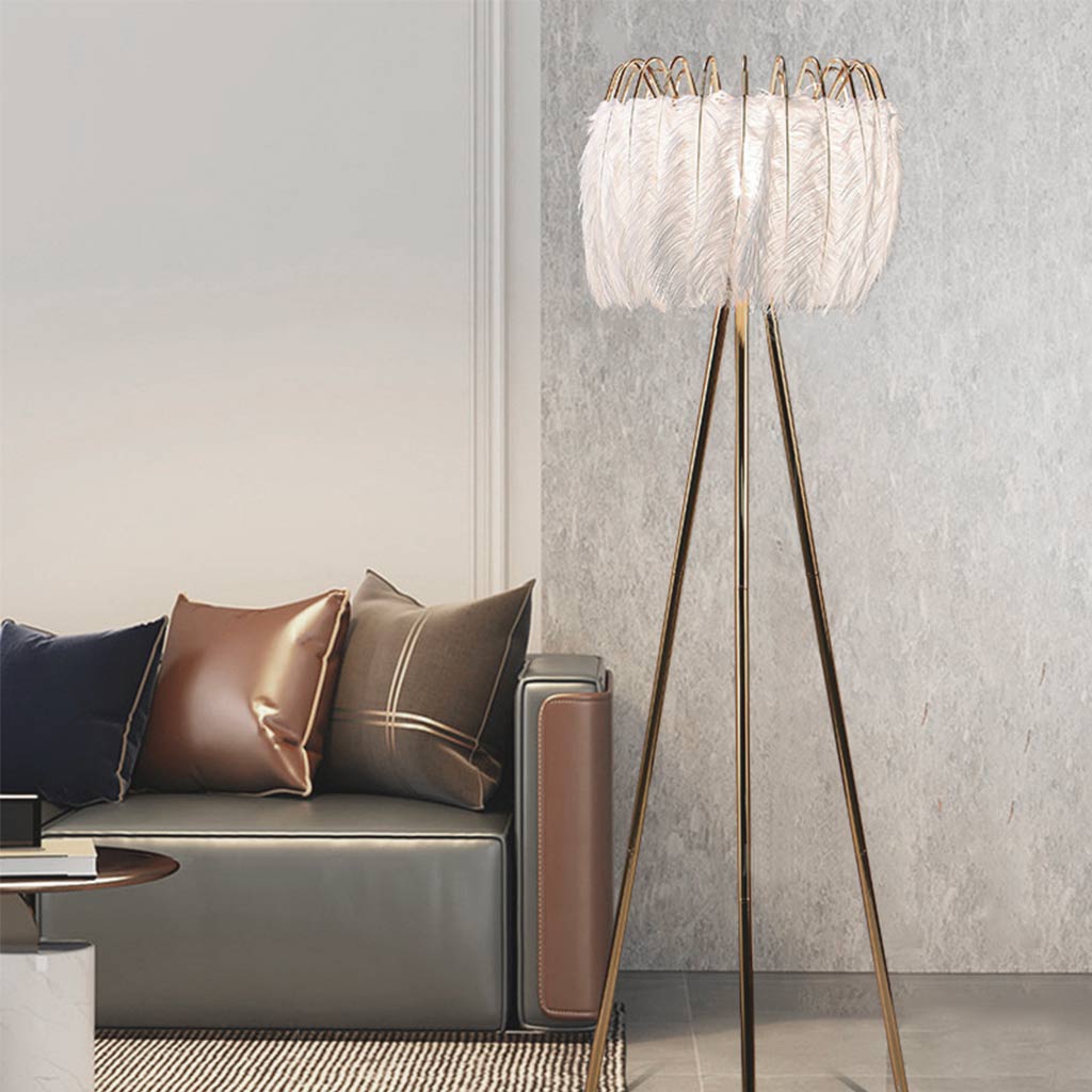 Lampe sur pied en plumes d'autruche style scandinave trépied, blanche