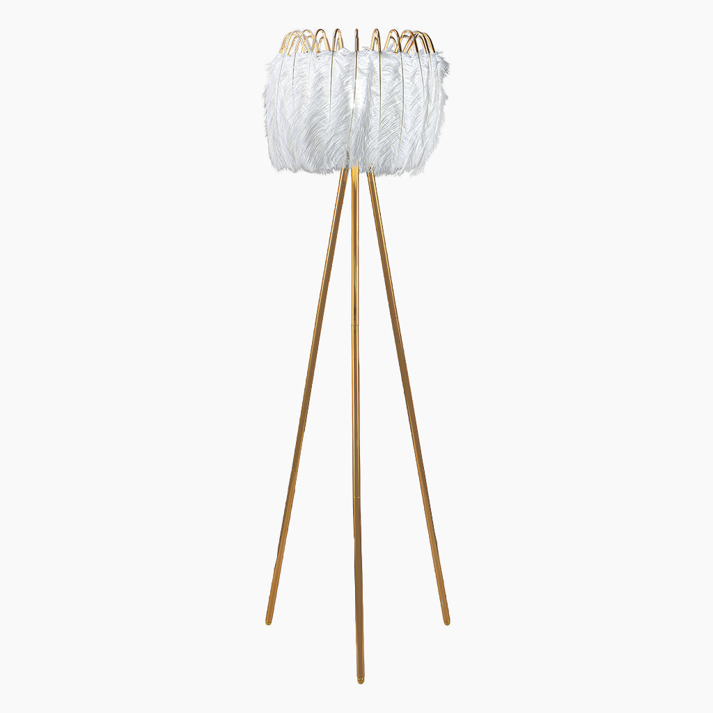 Lampe sur pied en plumes d'autruche style scandinave trépied, blanche