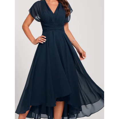 Elegant Short Sleeve V-Neck Dress for Women | Midi