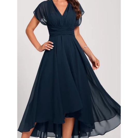 Elegant Short Sleeve V-Neck Dress for Women | Midi