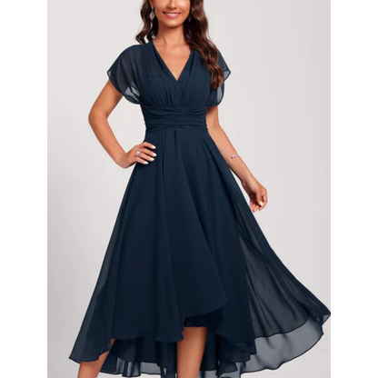 Elegant Short Sleeve V-Neck Dress for Women | Midi