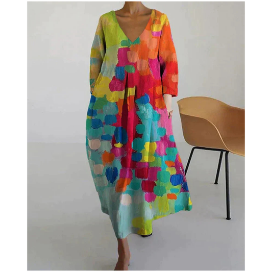 Robe Midi à Décolleté en V Colorée pour Femmes