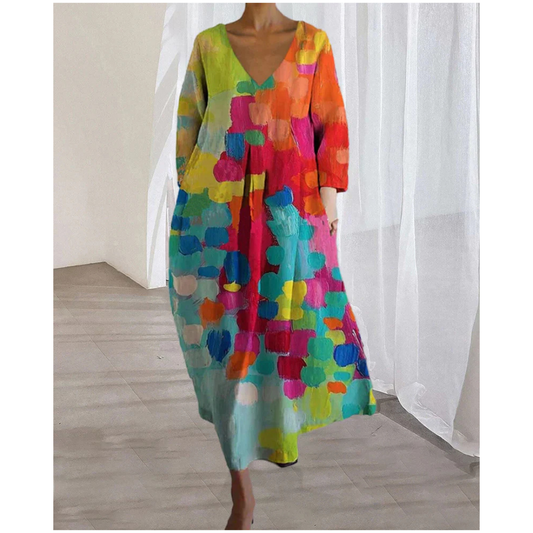 Robe Midi à Décolleté en V Colorée pour Femmes