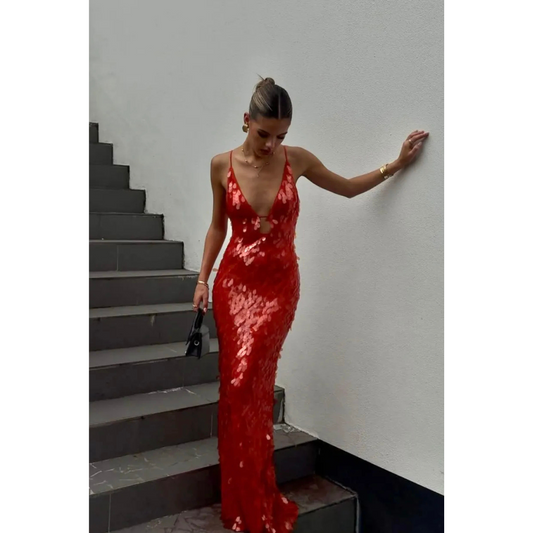 Robe de soirée slim fit à paillettes pour femme | Maxi