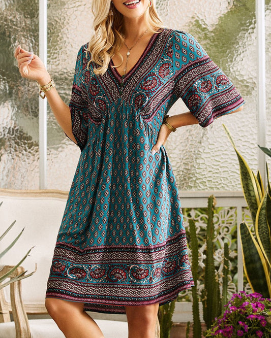 Juvie | Robe Femme Avec Décolleté En V Et Imprimé Floral Boho