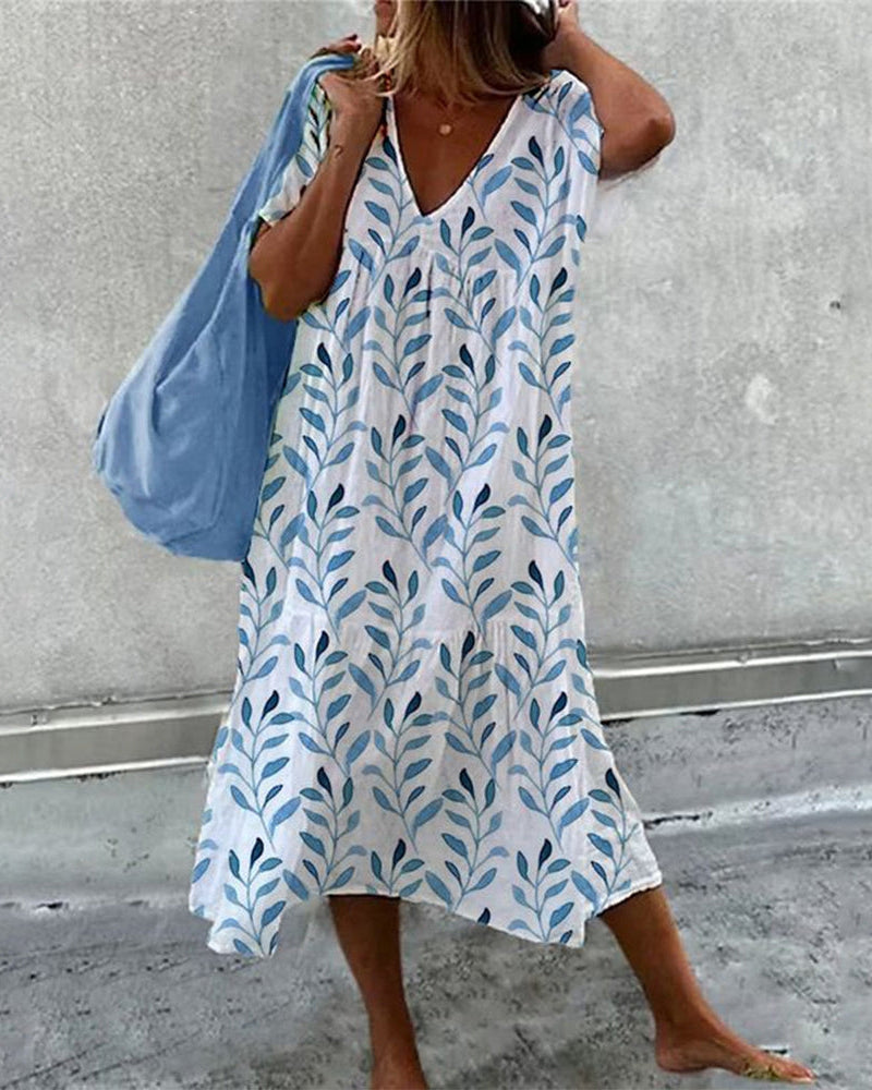 Serphine | Robe pour femmes avec décolleté en V et imprimé feuillage