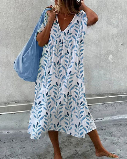 Serphine | Robe pour femmes avec décolleté en V et imprimé feuillage