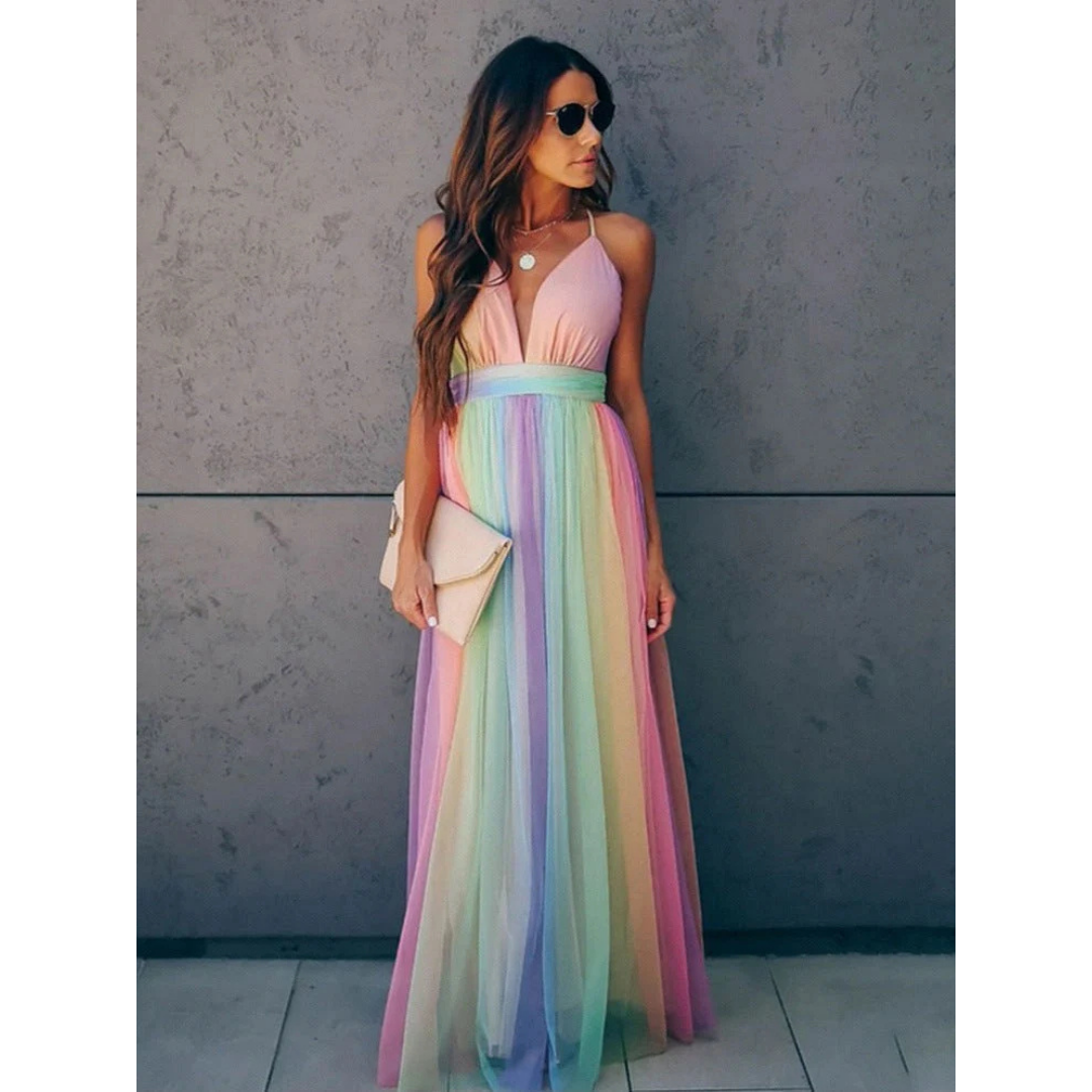 Garricki | Rainbow Spaghetti Strap Dress for Women | Multicolor