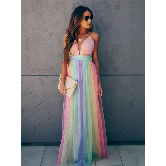Garricki | Rainbow Spaghetti Strap Dress for Women | Multicolor