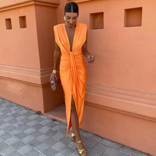 Women's Dress with Deep V-Neckline and Ruffles | Midi