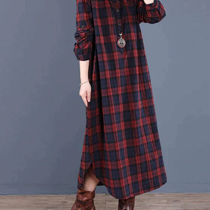 Robe chemise à carreaux à manches longues pour femmes | Maxi
