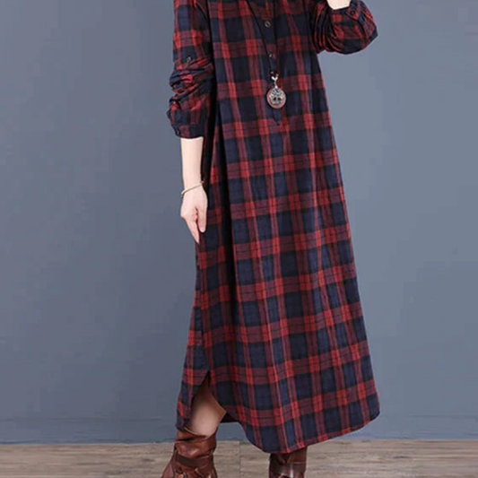 Robe chemise à carreaux à manches longues pour femmes | Maxi