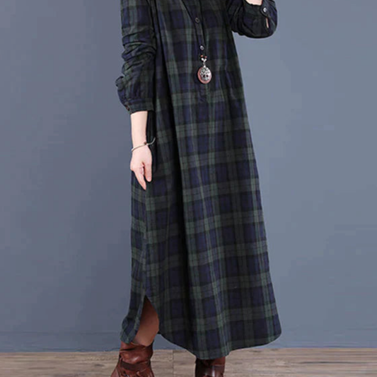Robe chemise à carreaux à manches longues pour femmes | Maxi