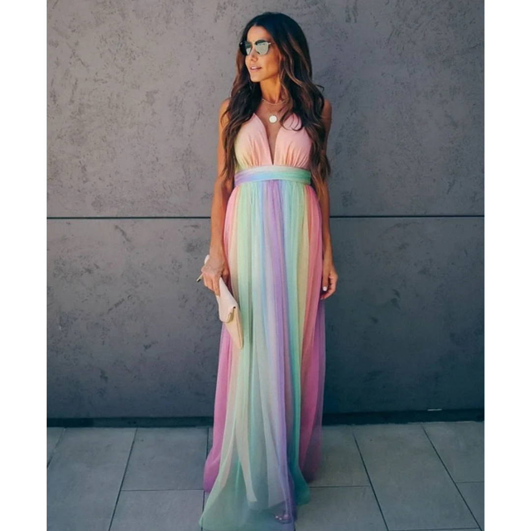 Garricki | Rainbow spaghetti strap dress for women | Multicolor