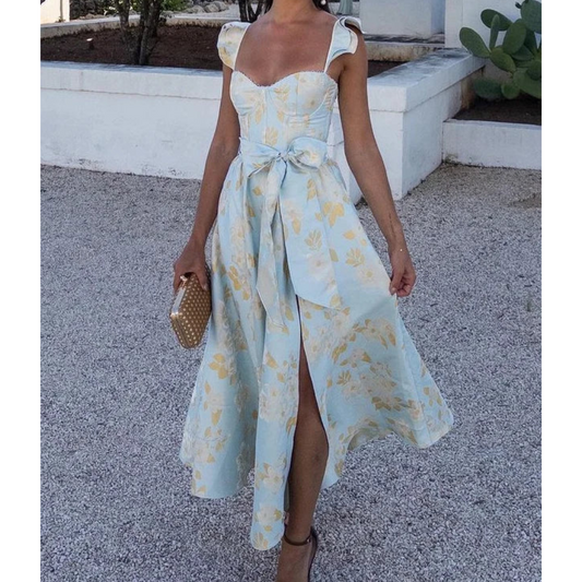Women's Dress with High Slit and Waist Knot | Midi