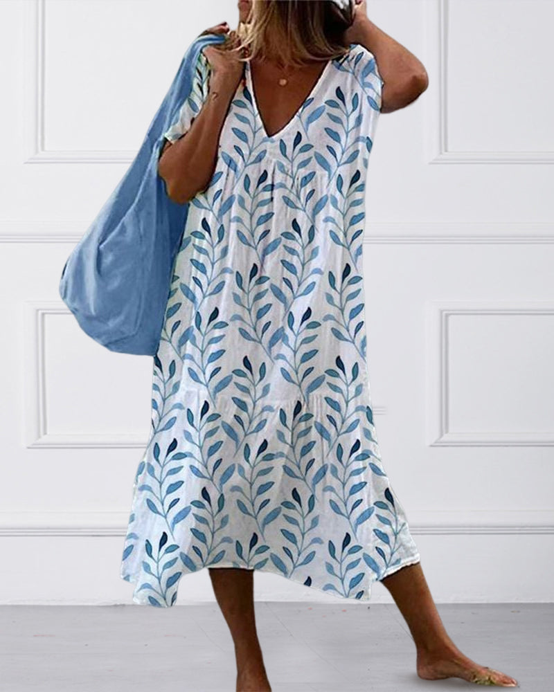 Serphine | Robe pour femmes avec décolleté en V et imprimé feuillage