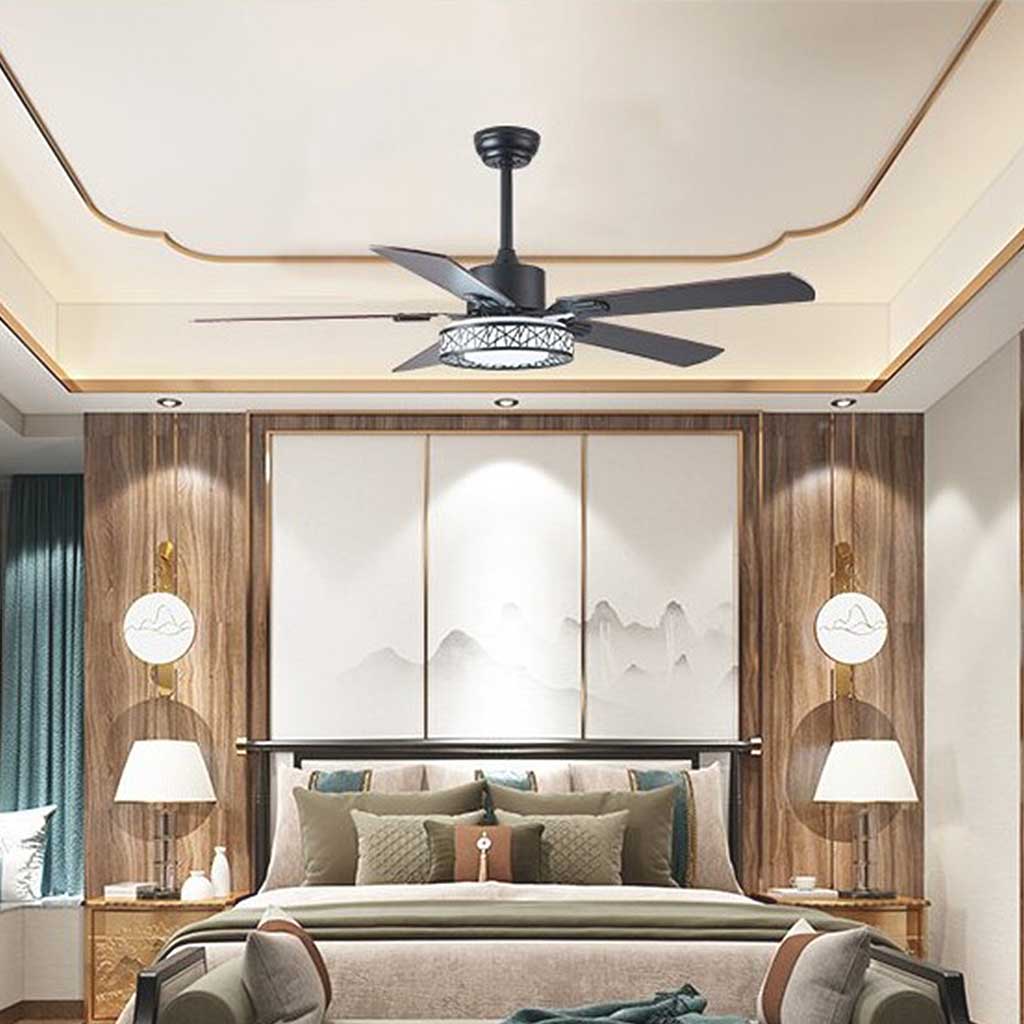 Ventilateur de plafond avec lumière, traditionnel, silencieux, montage semi-encastré, 5 pales en bois