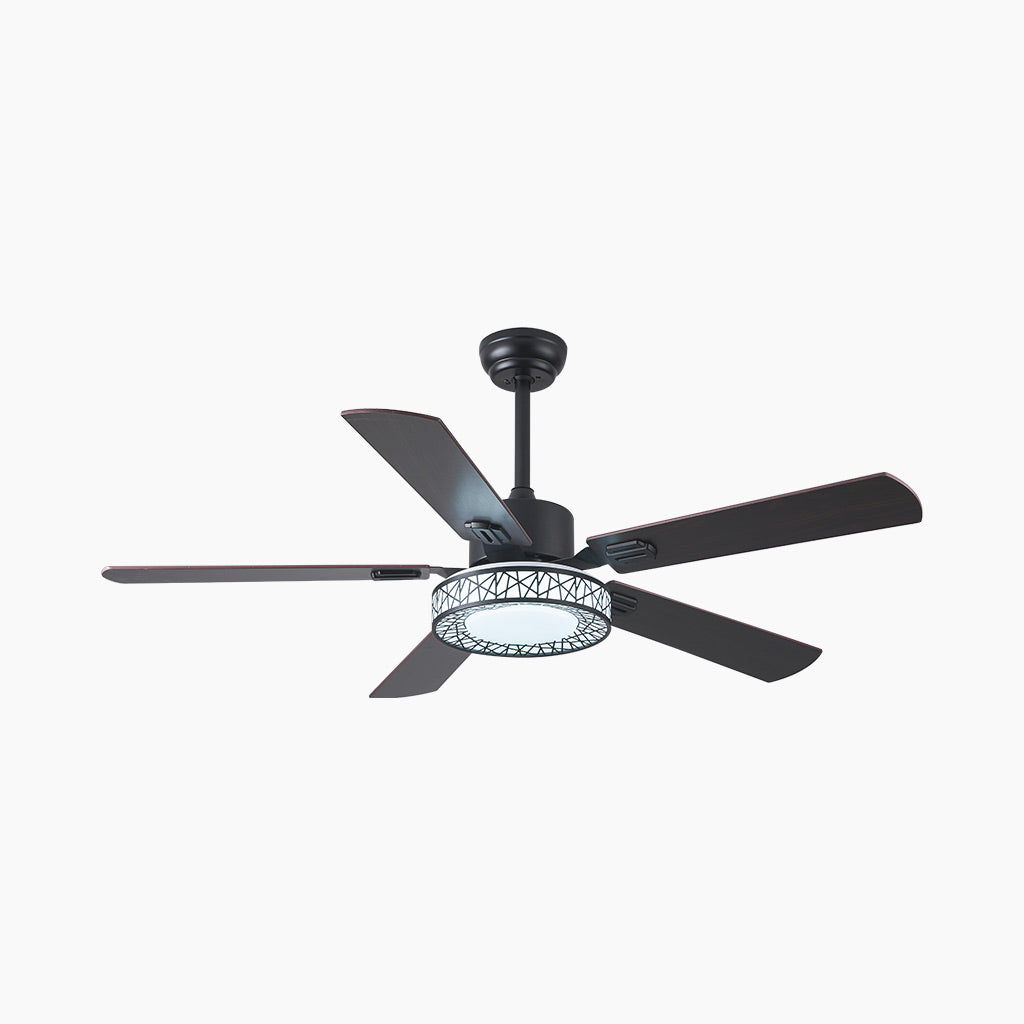 Ventilateur de plafond avec lumière, traditionnel, silencieux, montage semi-encastré, 5 pales en bois