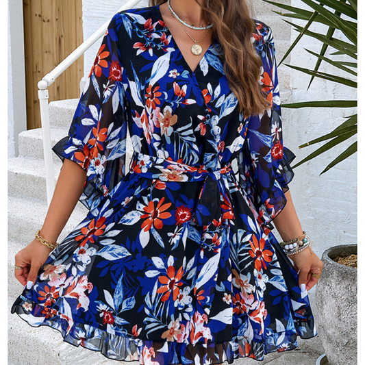Robe Mini Femme à Fleurs avec Décolleté en V et Manches Cloches