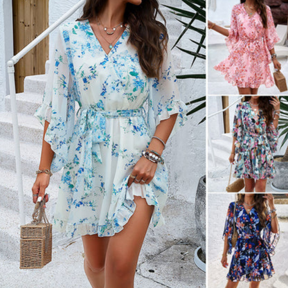 Women's Mini Dress with Flowers, V-Neckline, and Bell Sleeves