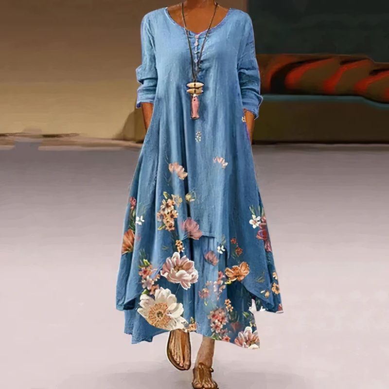 Robe Maxi à Manches Longues à Motif Floral pour Femmes