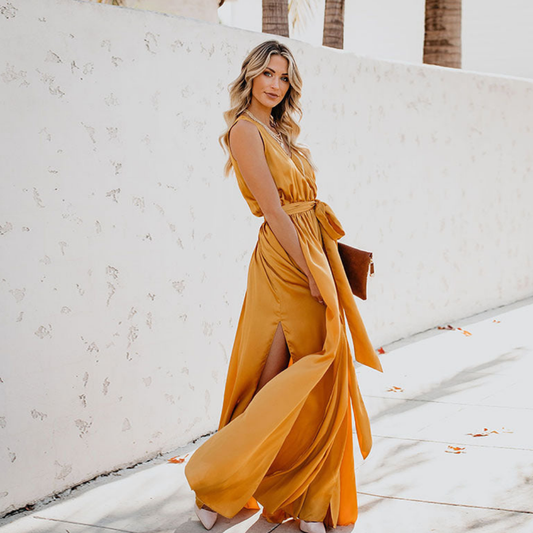 Women's Sleeveless Maxi Dress With Waist Belt Slit