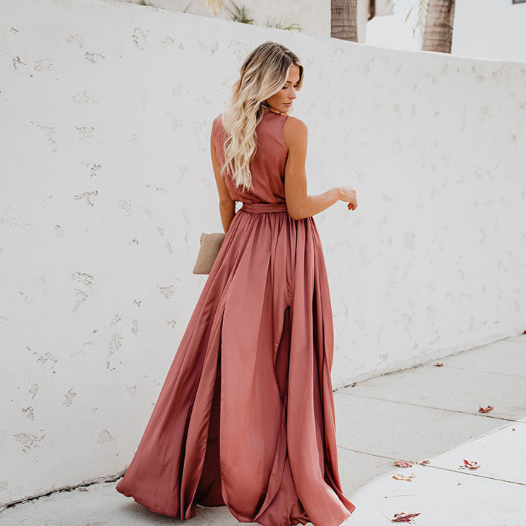 Robe Maxi Femme Sans Manches Taille Liée Fente