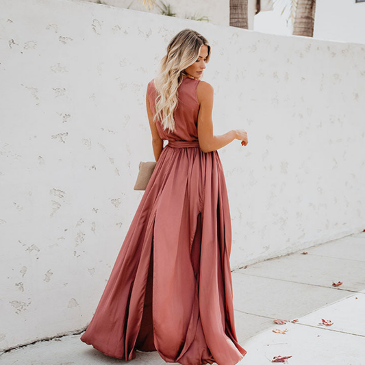 Women's Sleeveless Maxi Dress With Waist Belt Slit