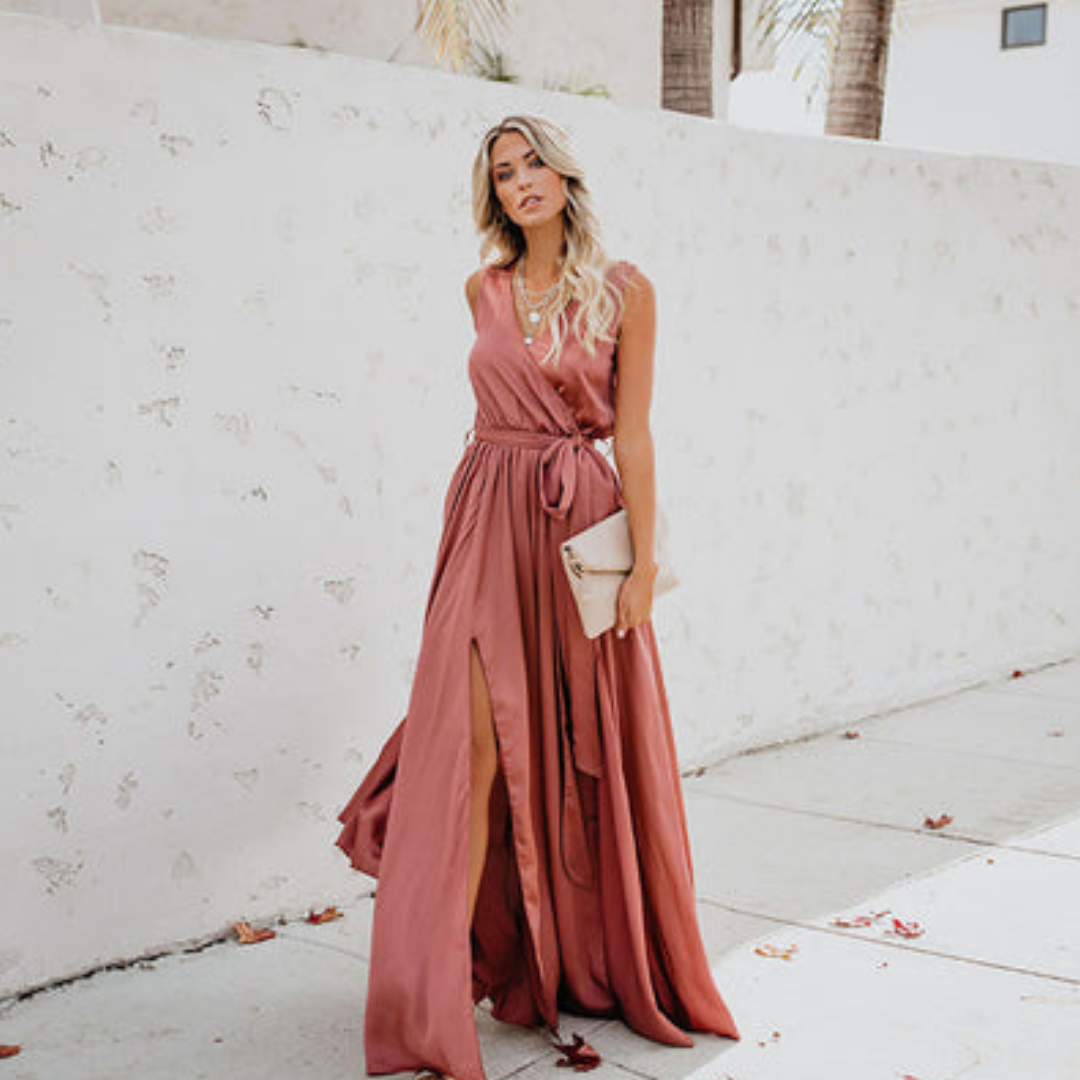 Robe Maxi Femme Sans Manches Taille Liée Fente