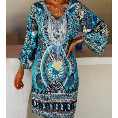 Mini Dress with Boho Print for Women | V-Neckline