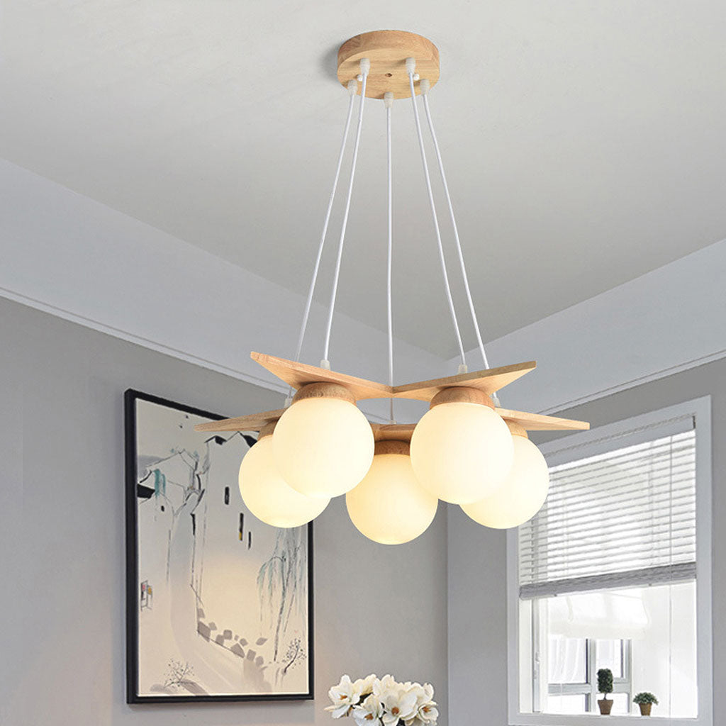 Suspension en bois avec globe en verre, crème