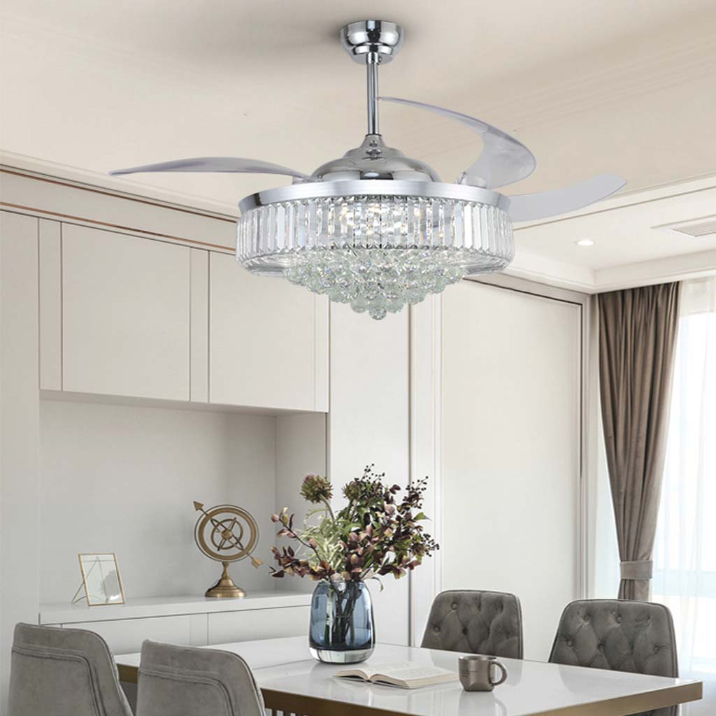 Ventilateur de plafond avec lumière Luxe cristal 3 pales chrome, 42''/36''