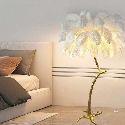 Lampe de sol en plumes d'autruche en forme d'arbre, résine