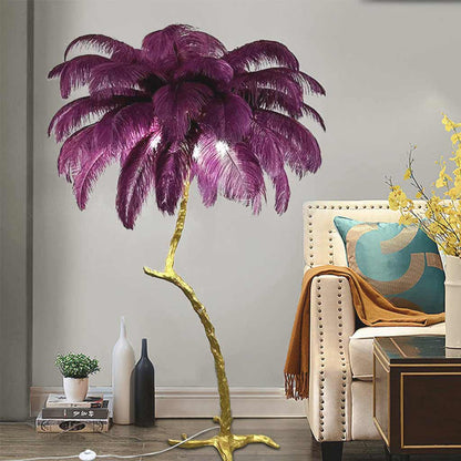 Lampe de sol en plumes d'autruche en forme d'arbre, résine