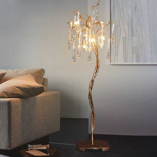 Lampadaire Luxe goutte en cristal, laiton, or