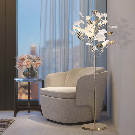 Lampe sur pied décorative en céramique avec feuilles de ginkgo