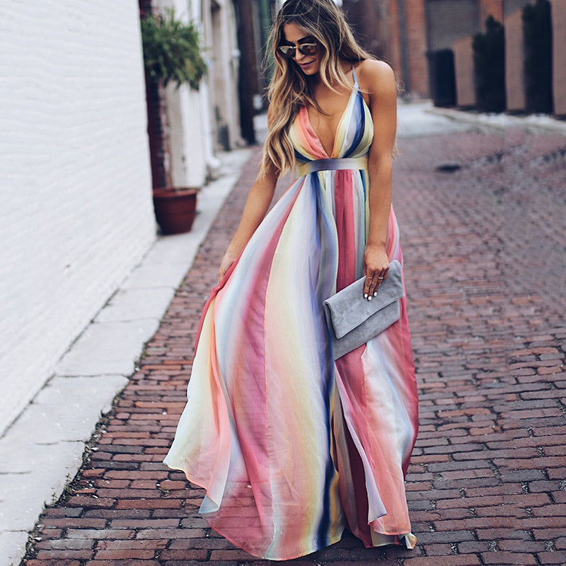 Robe Maxi à Col V Multicolore Rayée pour Femme
