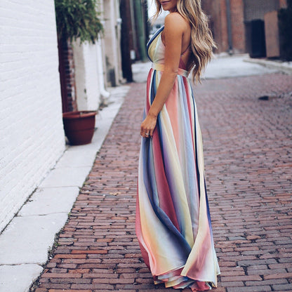 Robe Maxi à Col V Multicolore Rayée pour Femme