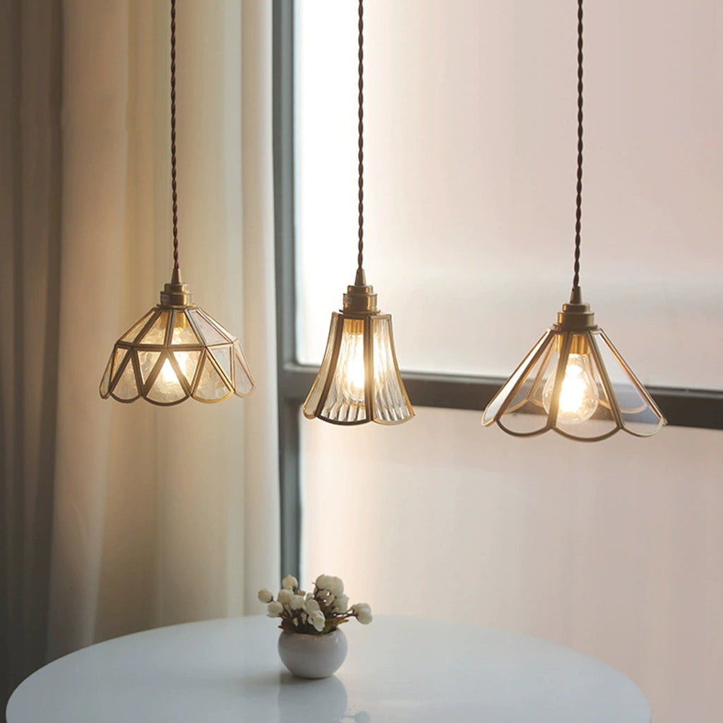 Suspension vintage petite lampe à fleurs en verre et cuivre