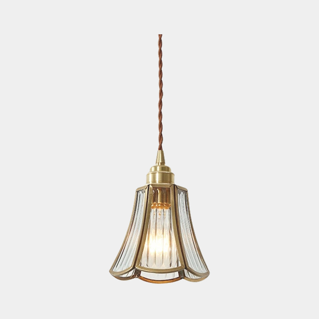 Suspension vintage petite lampe à fleurs en verre et cuivre